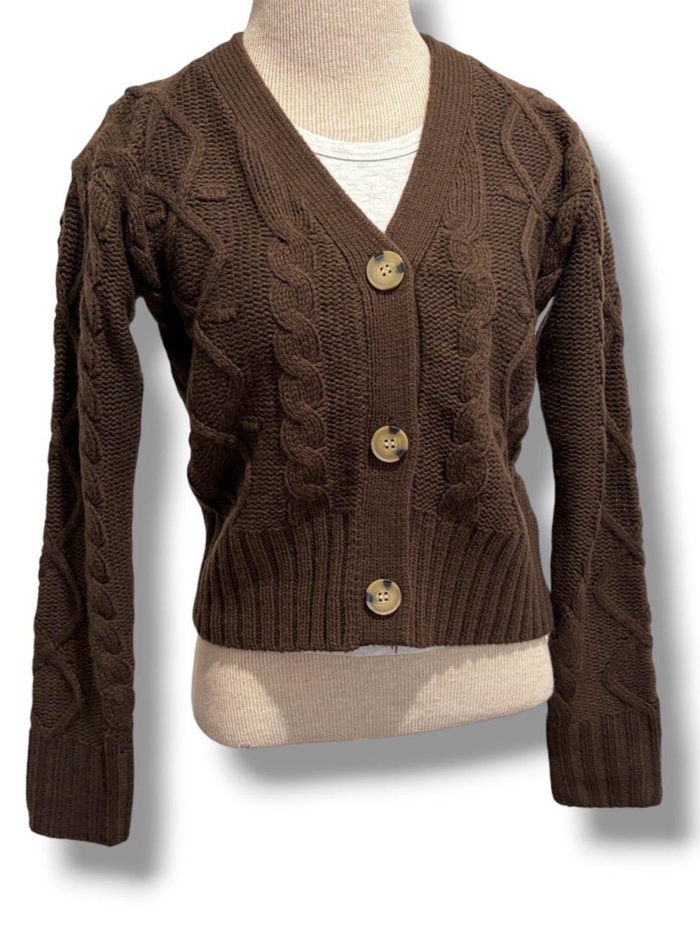 Kendall & Kylie Cable Knit Cardigan Size S Cropped NWT Chocolate Brown Sweater